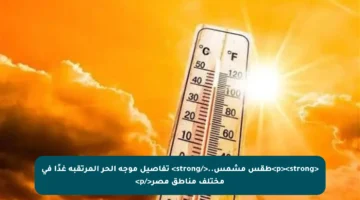 <p><strong>طقس مشمس..</strong> تفاصيل موجة الحر المرتقبة غدًا في مختلف مناطق مصر</p>